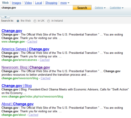 Change.gov results in Yahoo 10 Nov 08